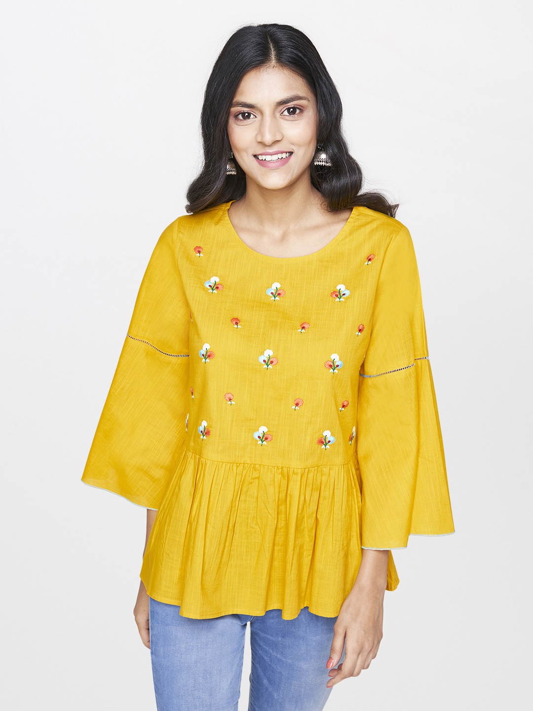 

Global Desi Women Mustard Yellow Floral Embroidered Pure Cotton Top with Gathers