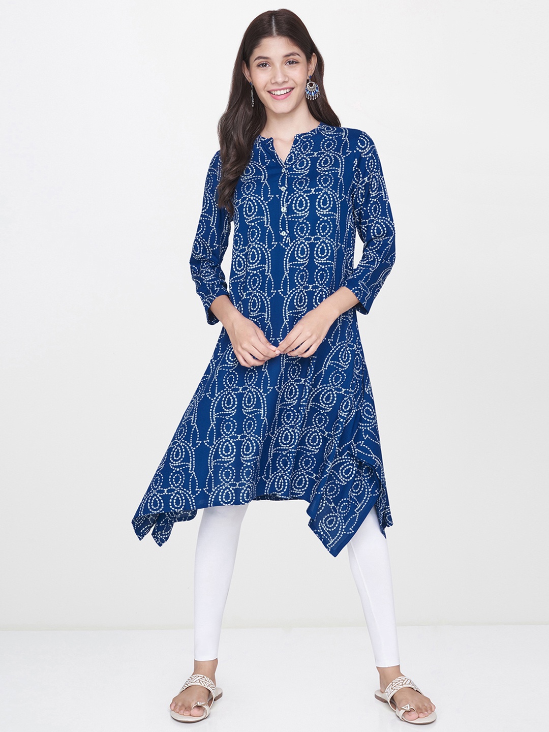 

Global Desi Women Blue Bandhani Printed Asymmetric Hem Round Neck A-line Kurta