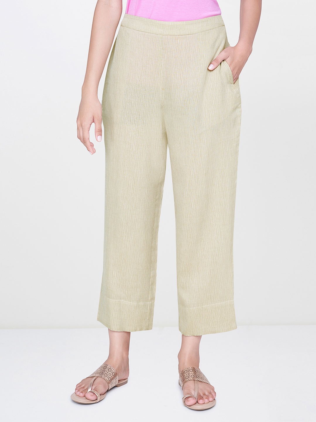 

Global Desi Women Beige Straight Fit Self Design Parallel Trousers