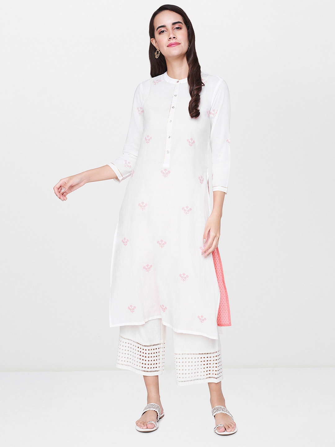 

Global Desi Women White & Pink Embroidered Straight Kurta