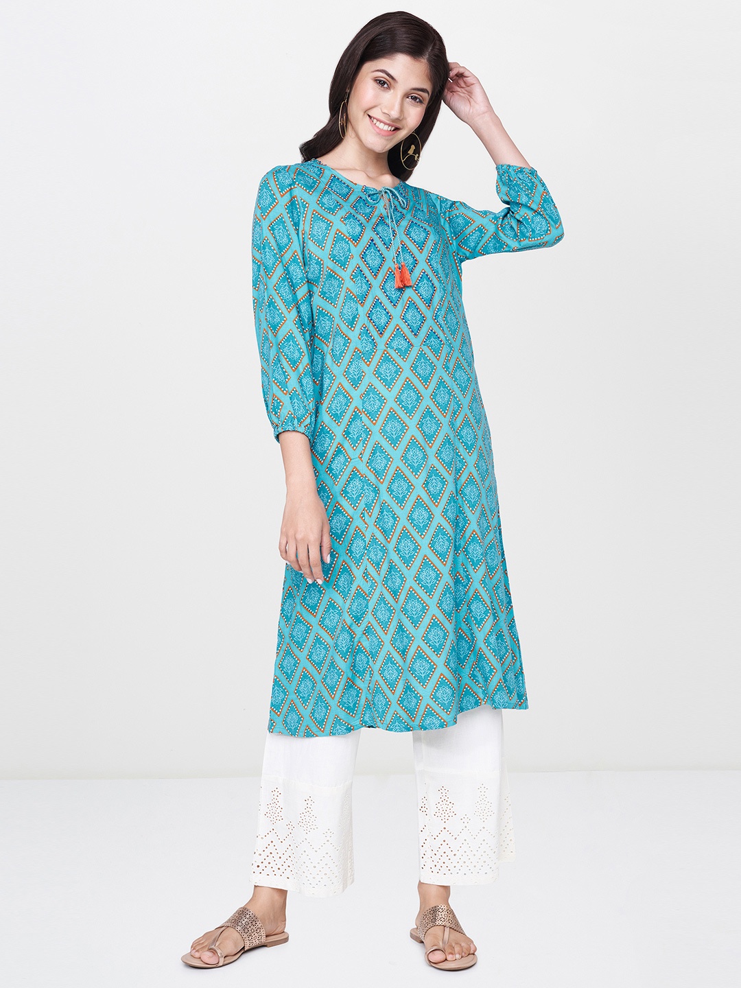 

Global Desi Women Blue & Orange Printed A-Line Kurta