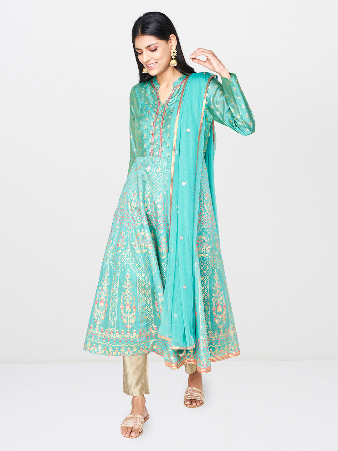

Global Desi Women Turquoise Blue & Gold-Toned Printed A-Line Kurta with Embellished Detail