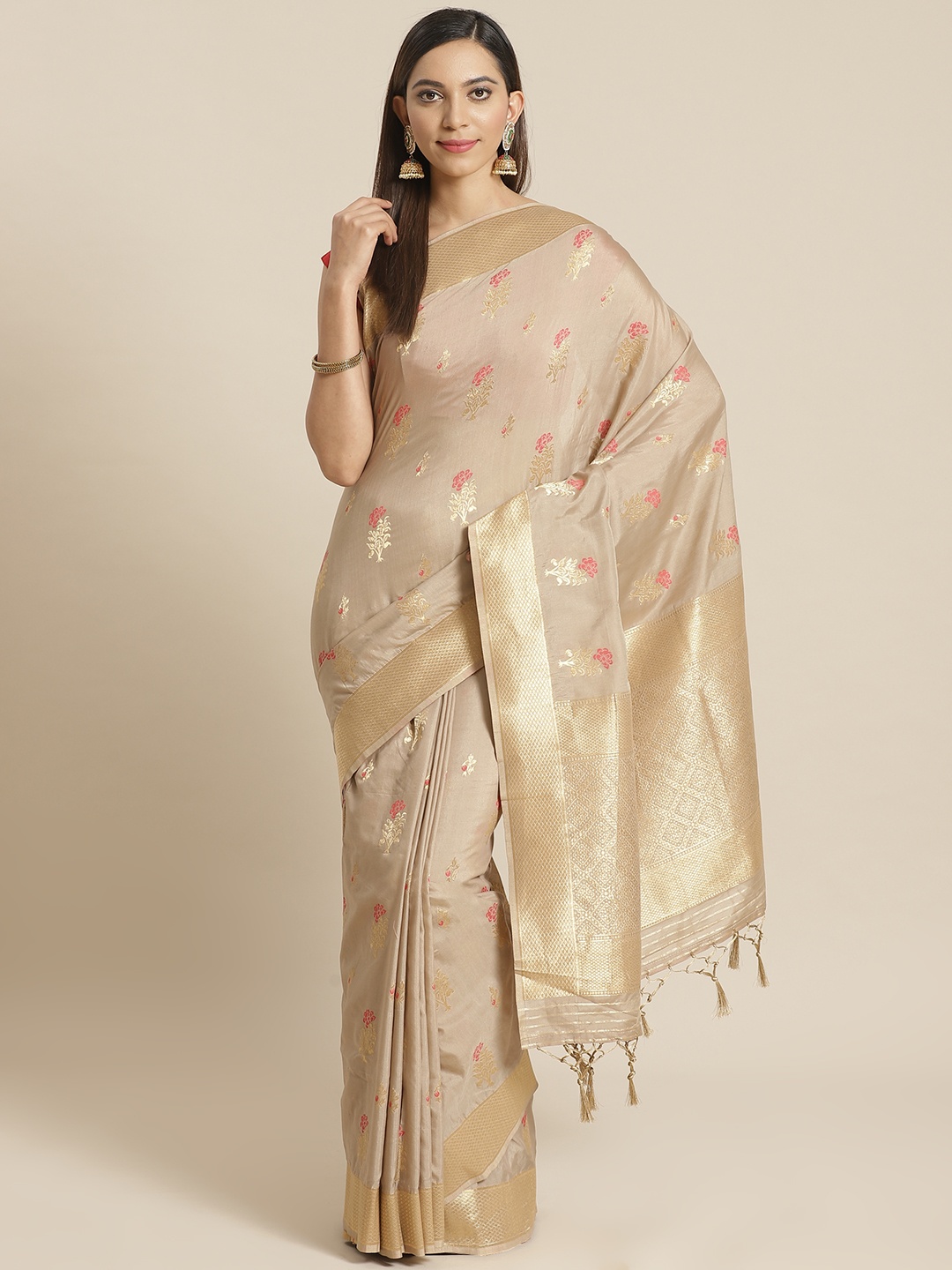 

Mitera Beige Golden Zari Woven Design Liva Saree