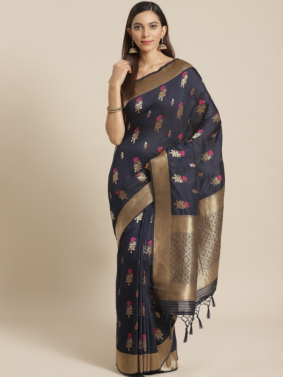 

Mitera Navy Blue Golden Woven Design Liva Saree