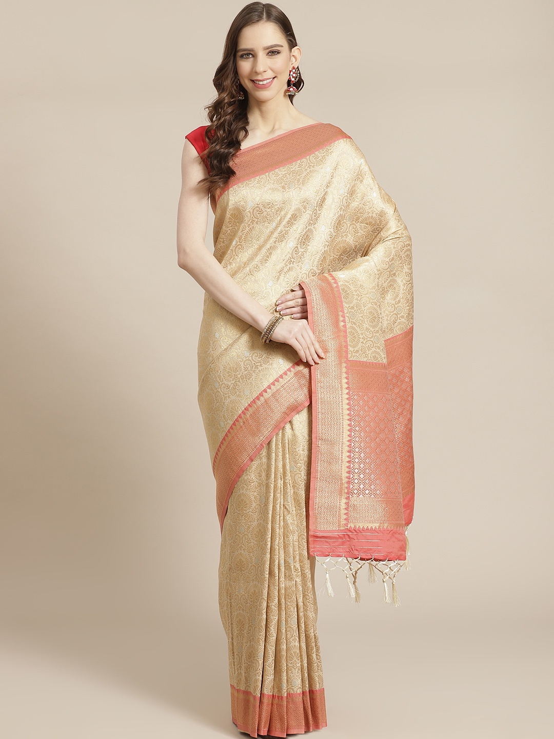

Mitera Beige Golden Woven Design Celebrity Liva Saree
