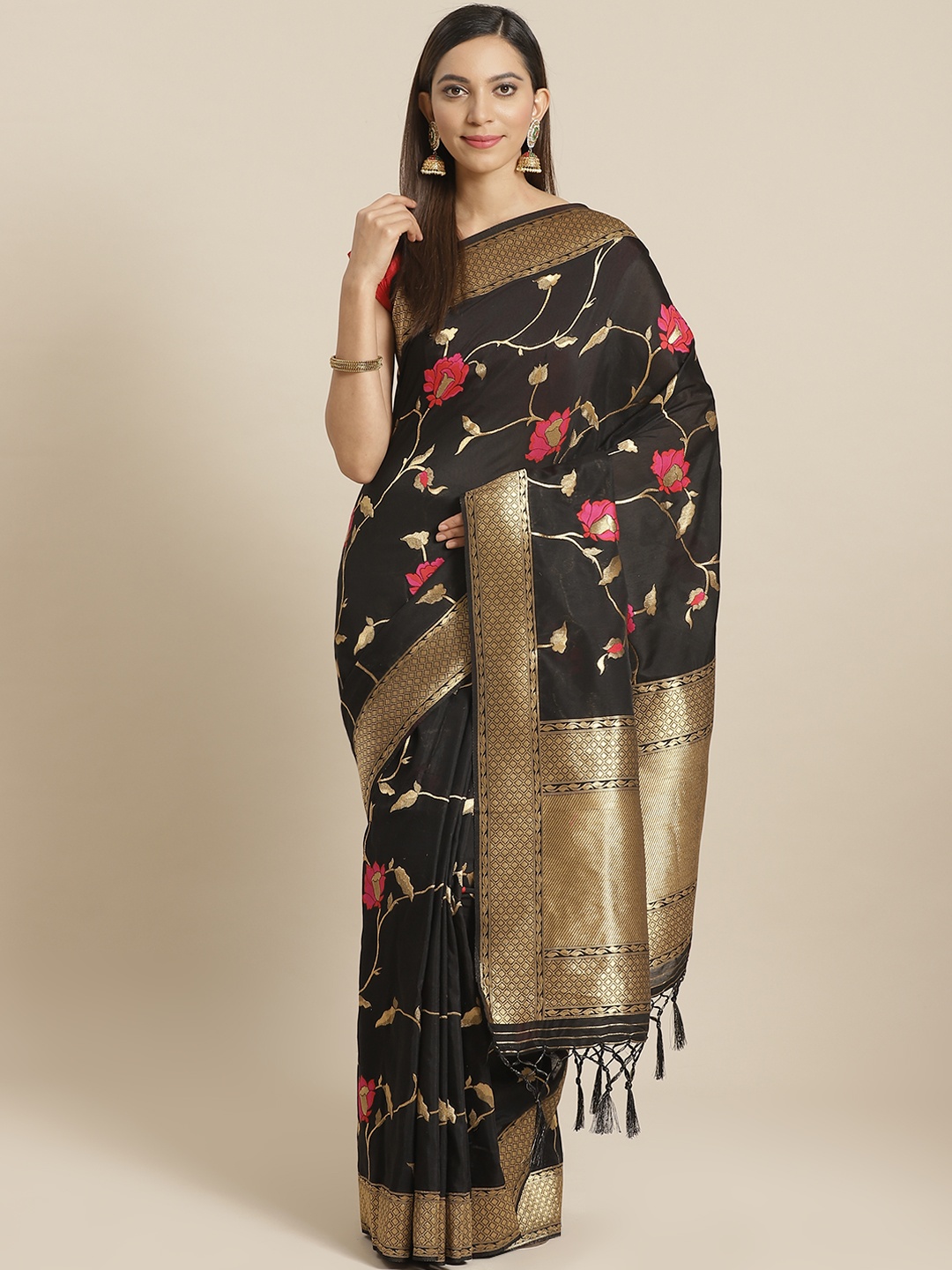 

Mitera Black Golden Zari Floral Woven Design Liva Saree