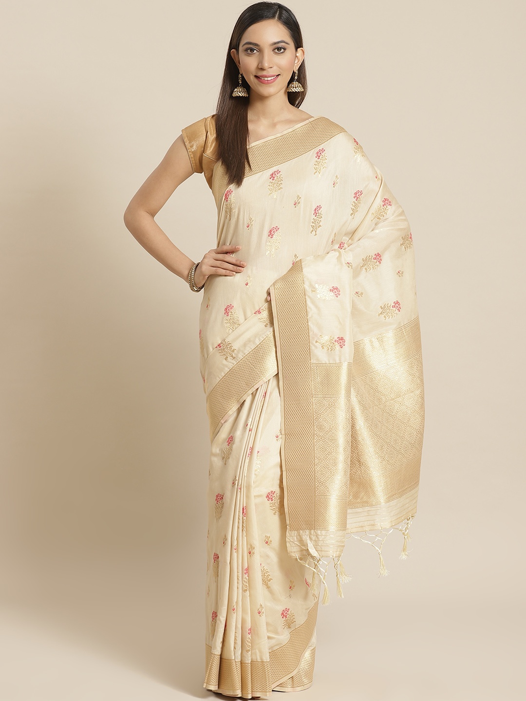 

Mitera Beige Woven Design Silk Blend Liva Saree