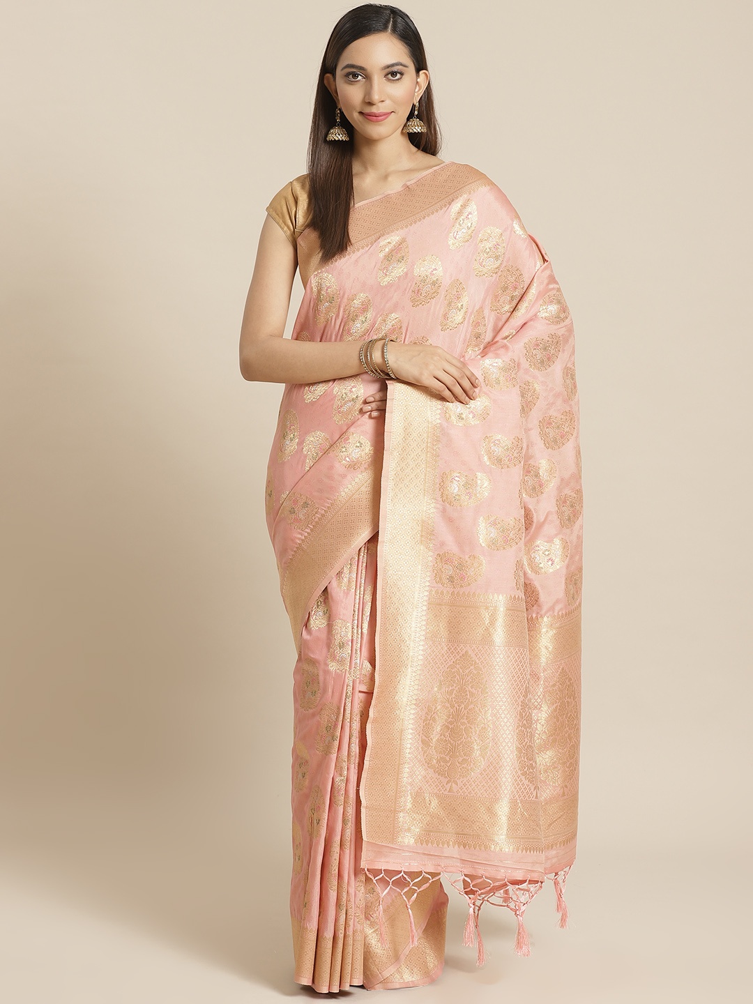 

Mitera Pink Golden Woven Design Liva Saree