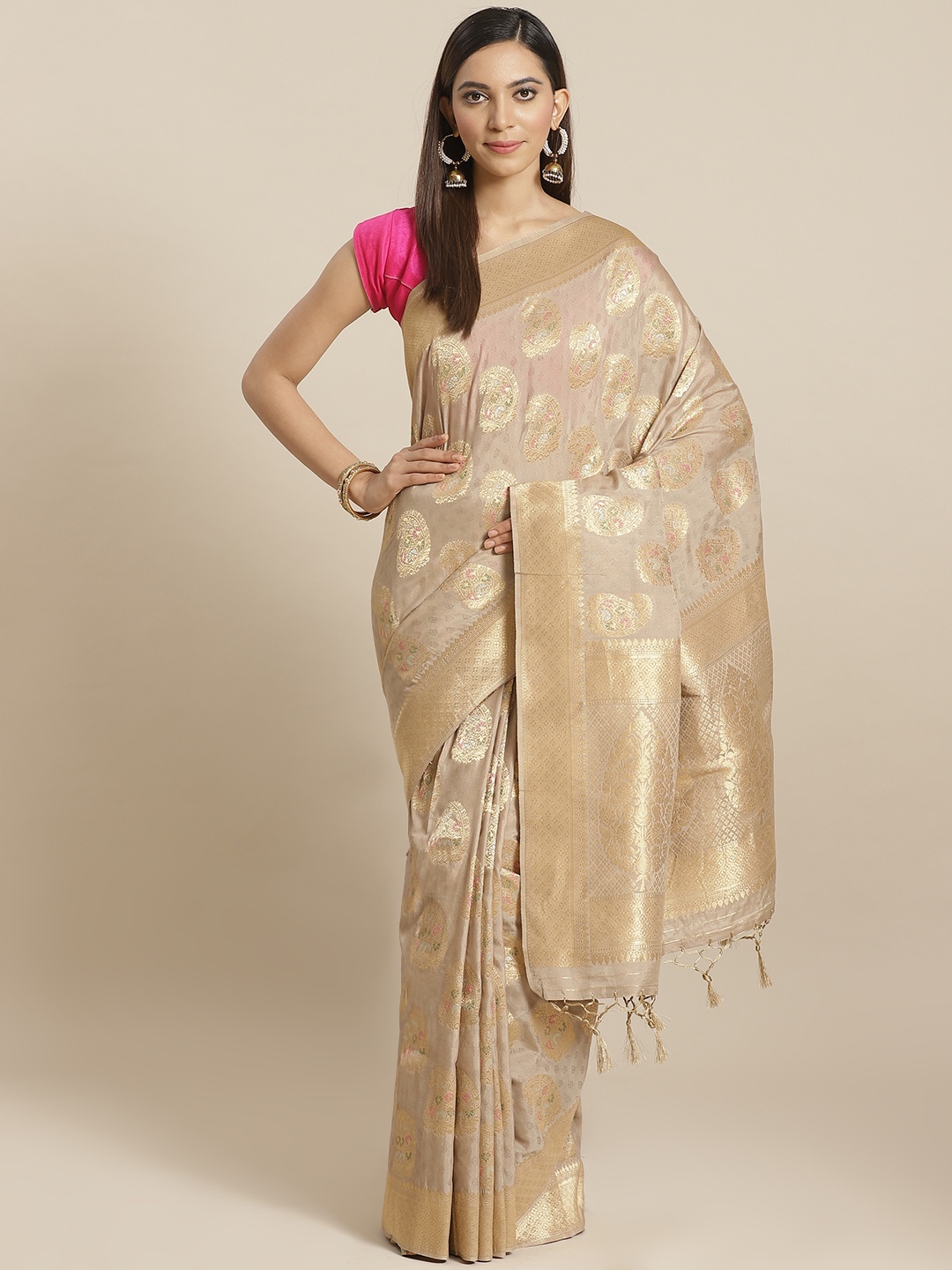 

Mitera Taupe Golden Woven Design Zari Celebrity Liva Saree