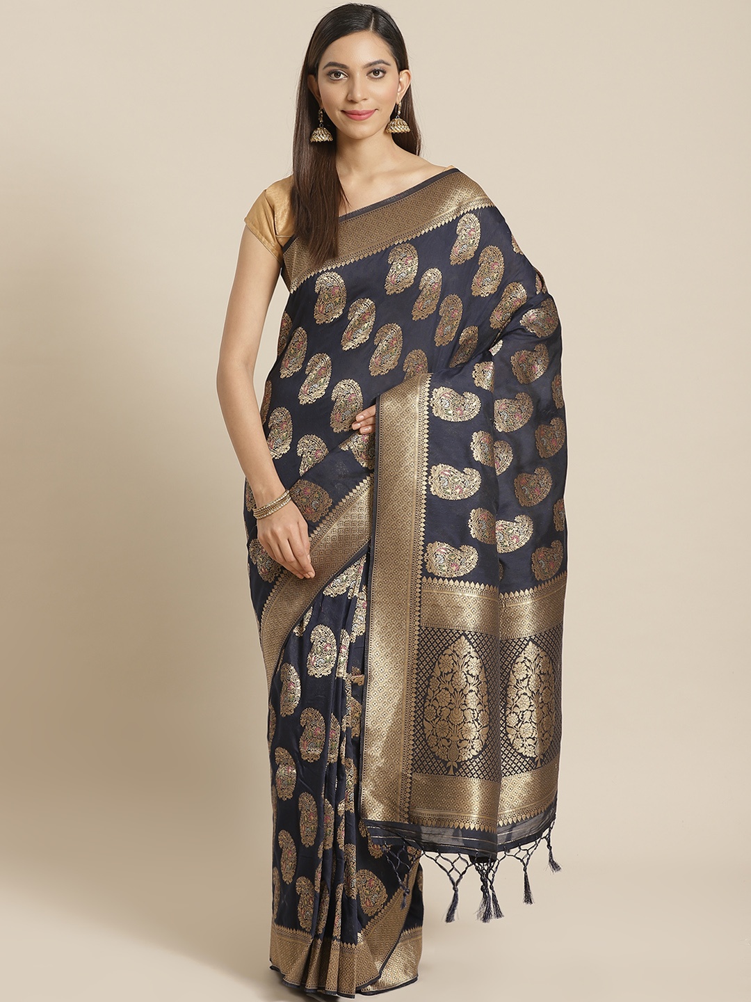 

Mitera Navy Blue Golden Woven Design Liva Saree