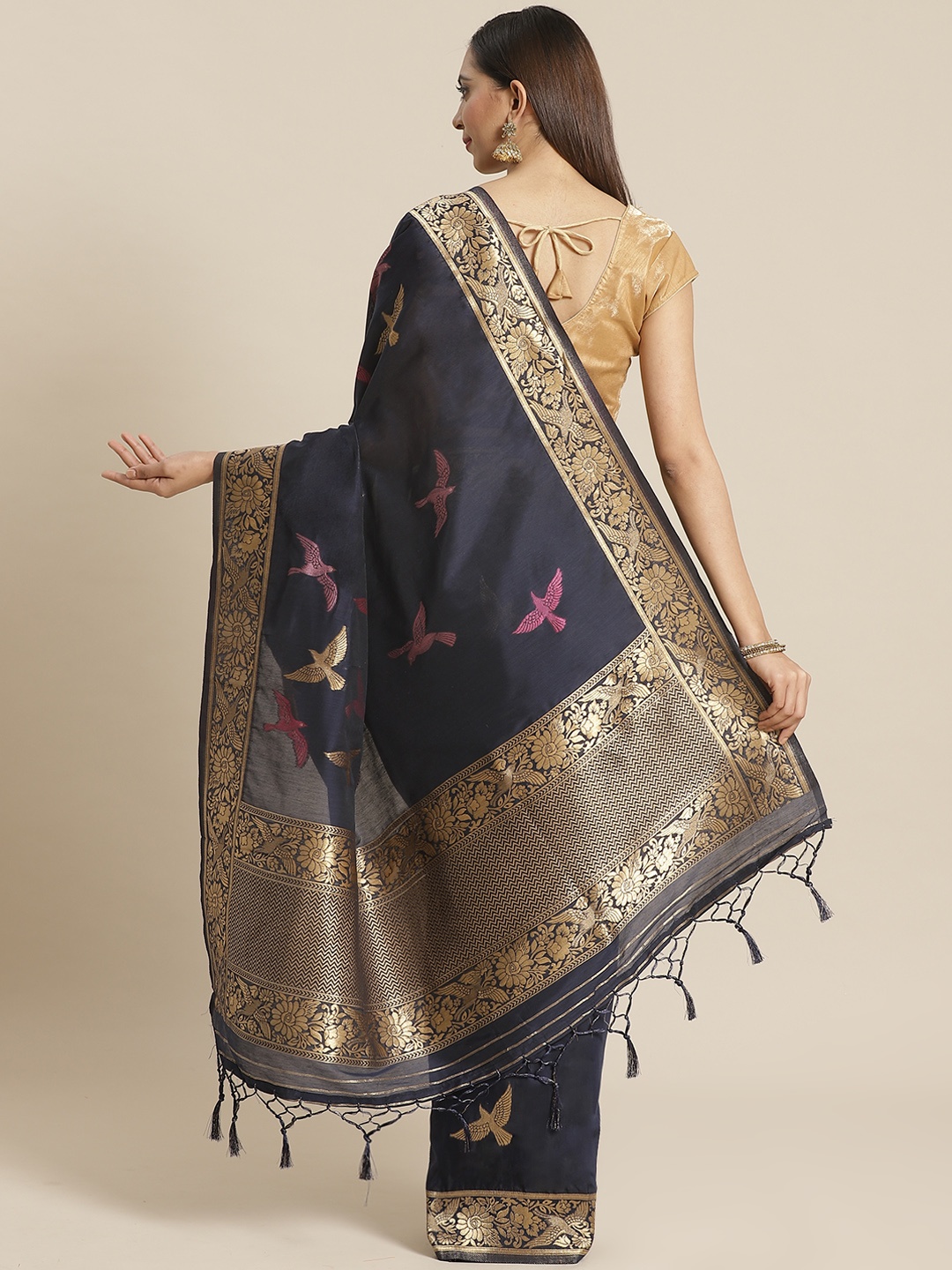 

Mitera Navy Blue Golden Woven Design Zari Celebrity Liva Saree