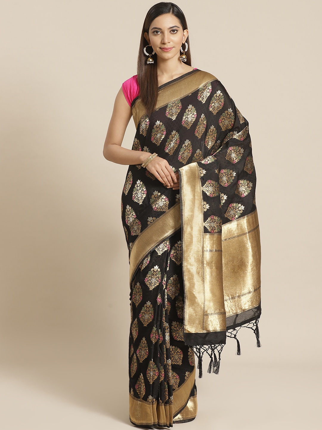 

Mitera Black Golden Woven Design Zari Celebrity Liva Saree
