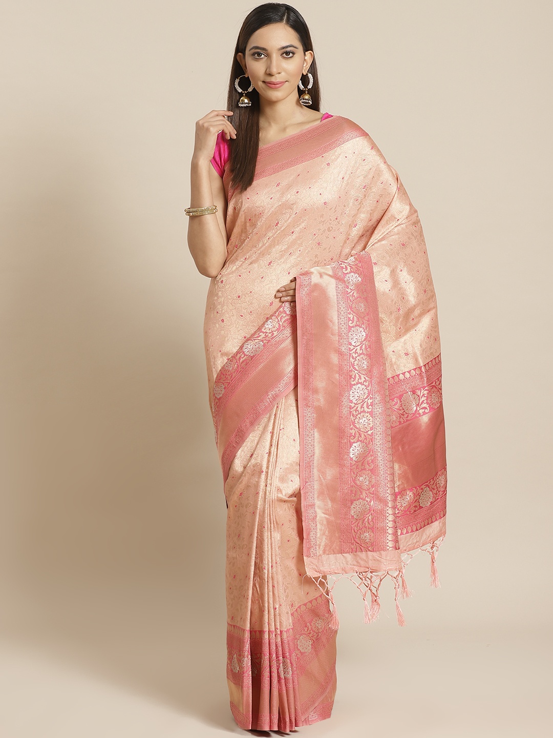 

Mitera Pink Golden Woven Design Zari Celebrity Liva Saree