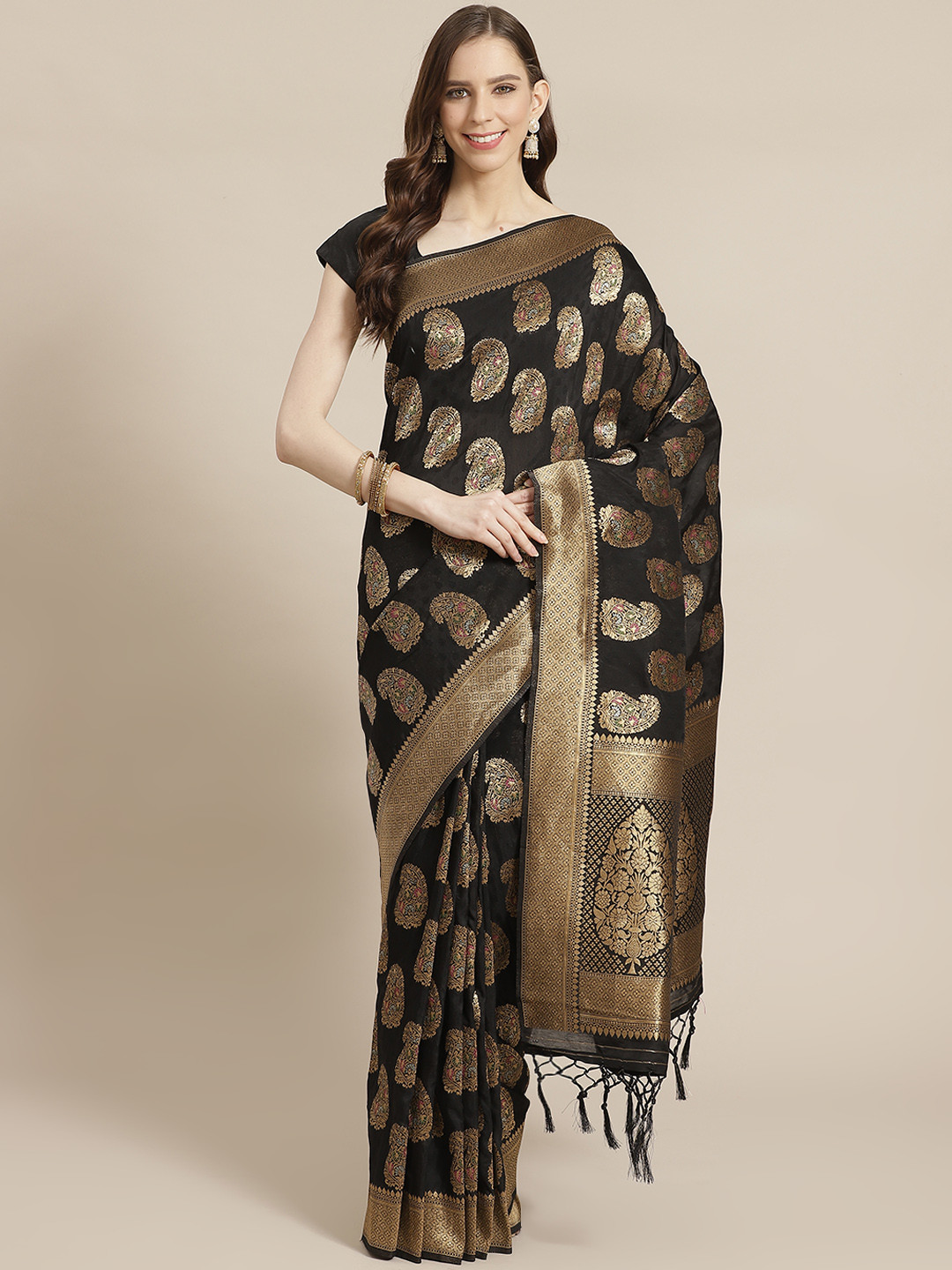 

Mitera Black Golden Zari Detail Checked Liva Saree