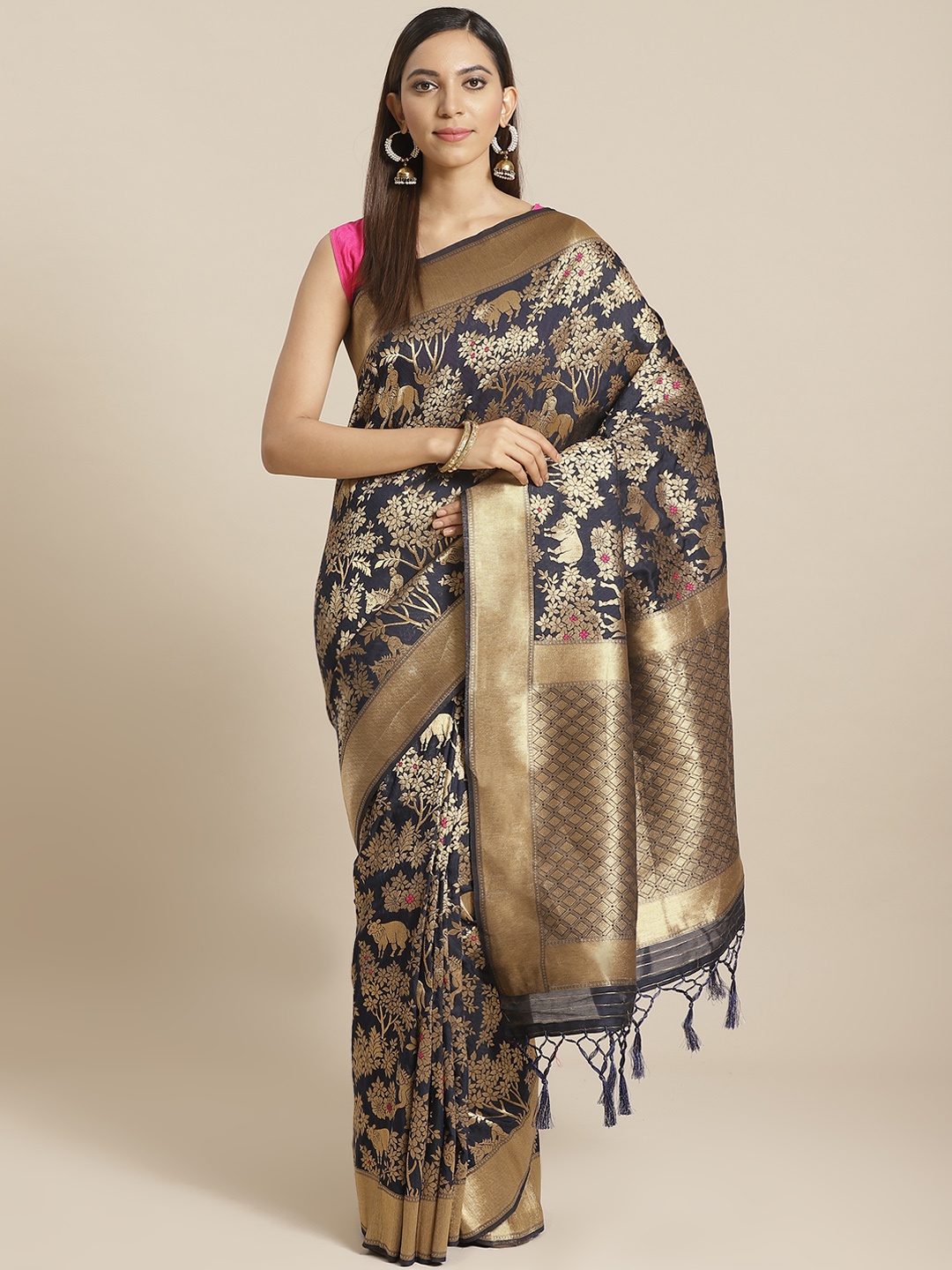 

Mitera Navy Blue Golden Woven Design Zari Celebrity Liva Saree