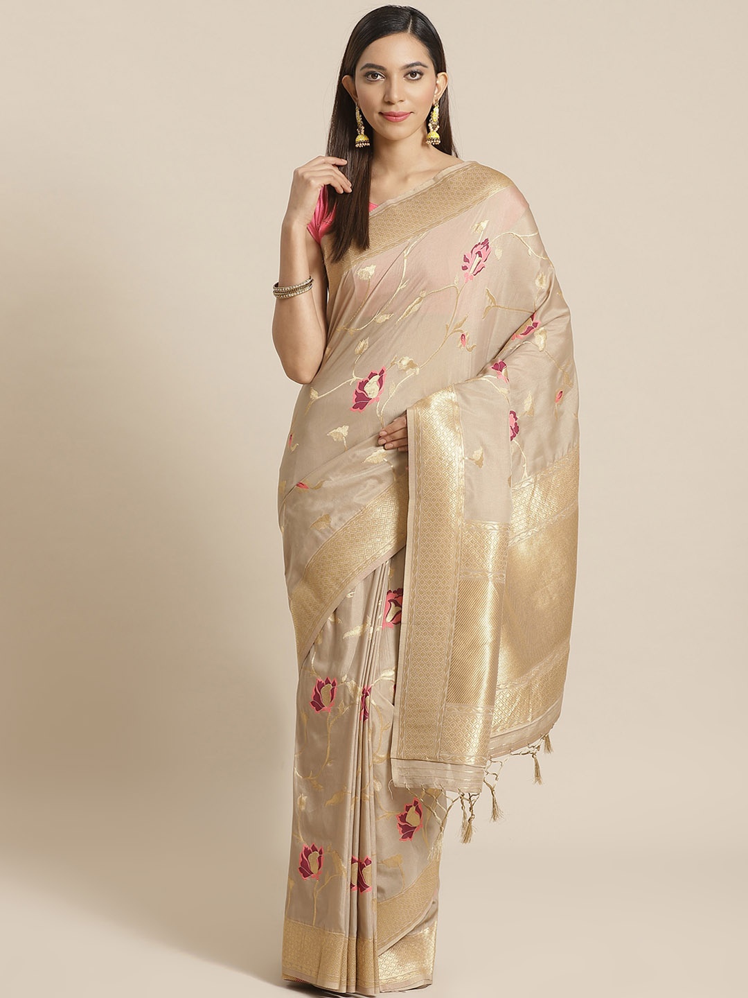 

Mitera Beige Pink Zari Floral Woven Design Liva Saree