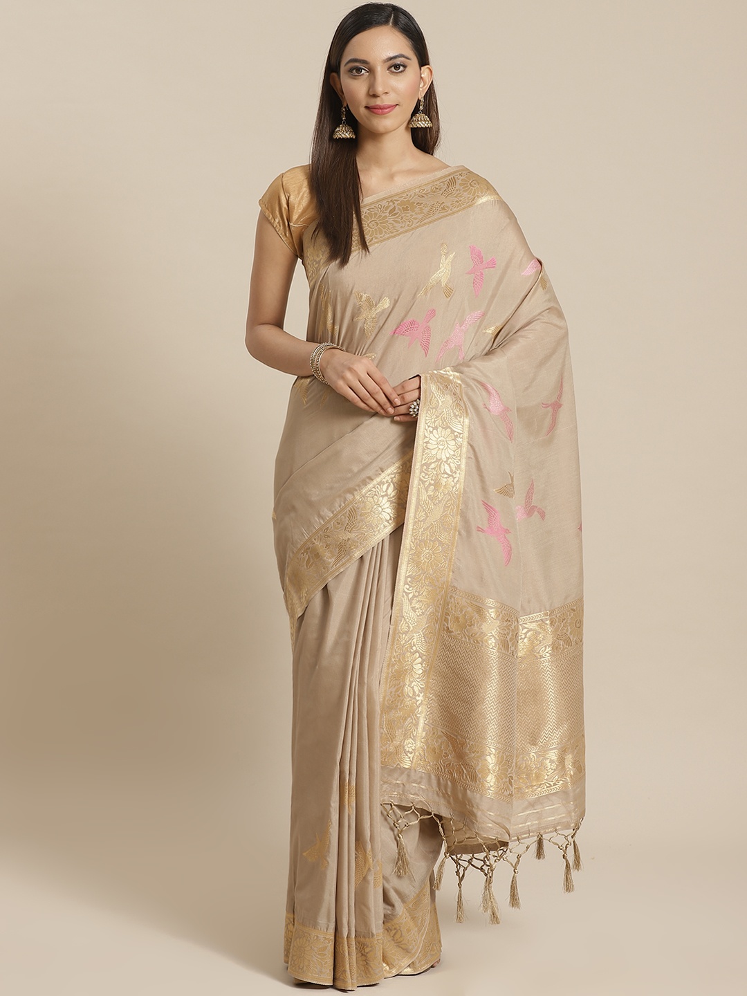 

Mitera Taupe Pink Bird Woven Design Liva Saree