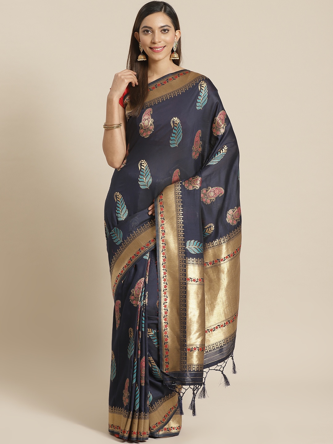 

Mitera Navy Blue Golden Woven Design Liva Saree