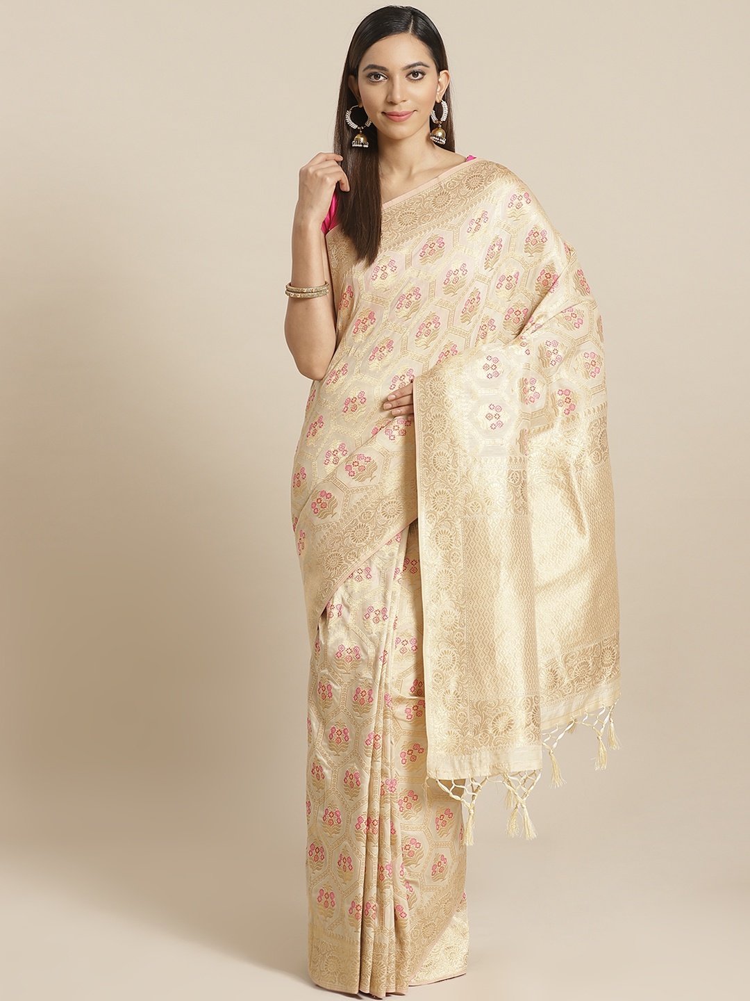 

Mitera Beige Golden Woven Design Zari Celebrity Liva Saree