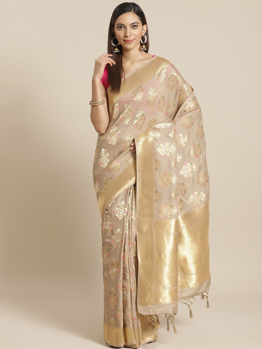 

Mitera Taupe Golden Woven Design Zari Celebrity Liva Saree