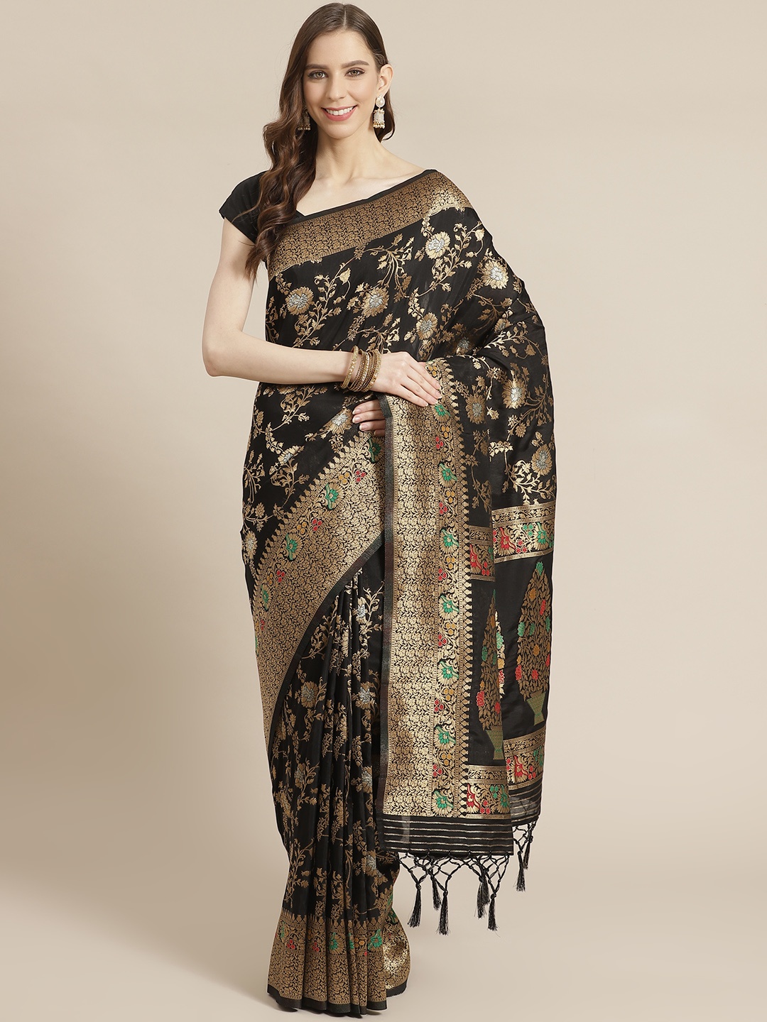 

Mitera Black Golden Zari Woven Design Banarasi Liva Saree