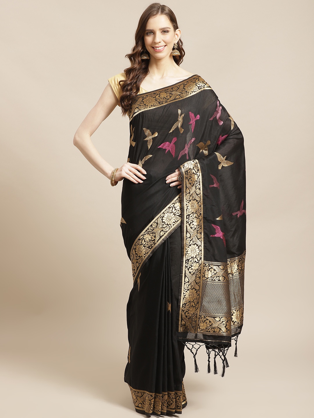 

Mitera Black Golden Zari Woven Design Liva Saree