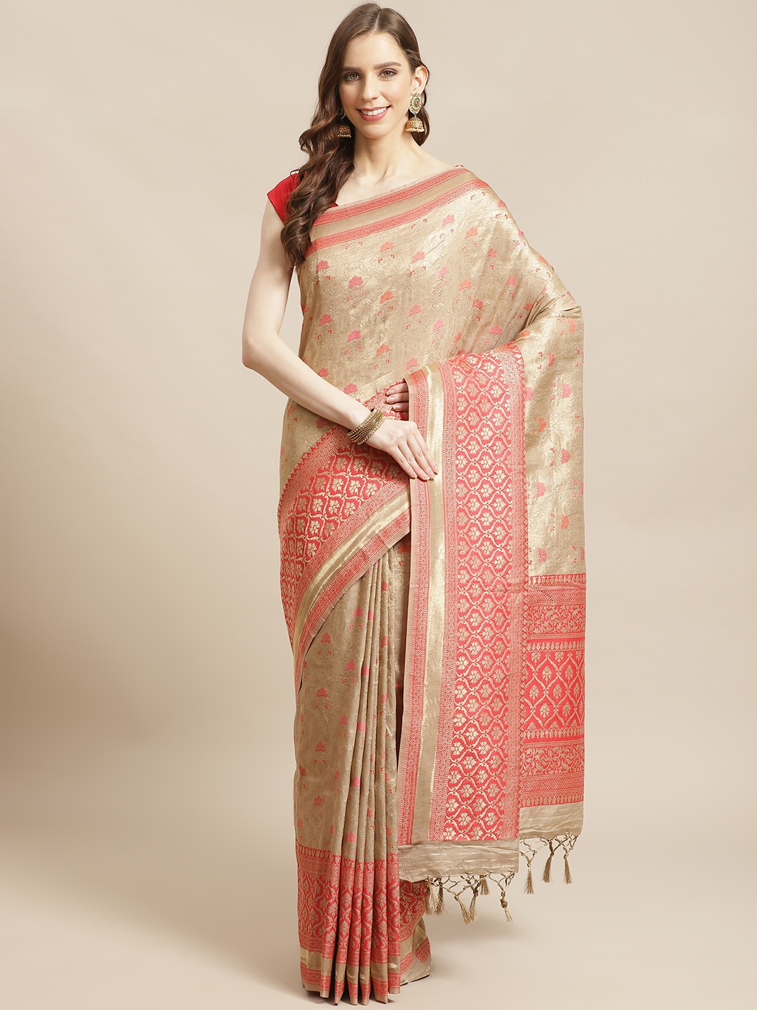 

Mitera Beige Coral Orange Zari Woven Design Liva Saree