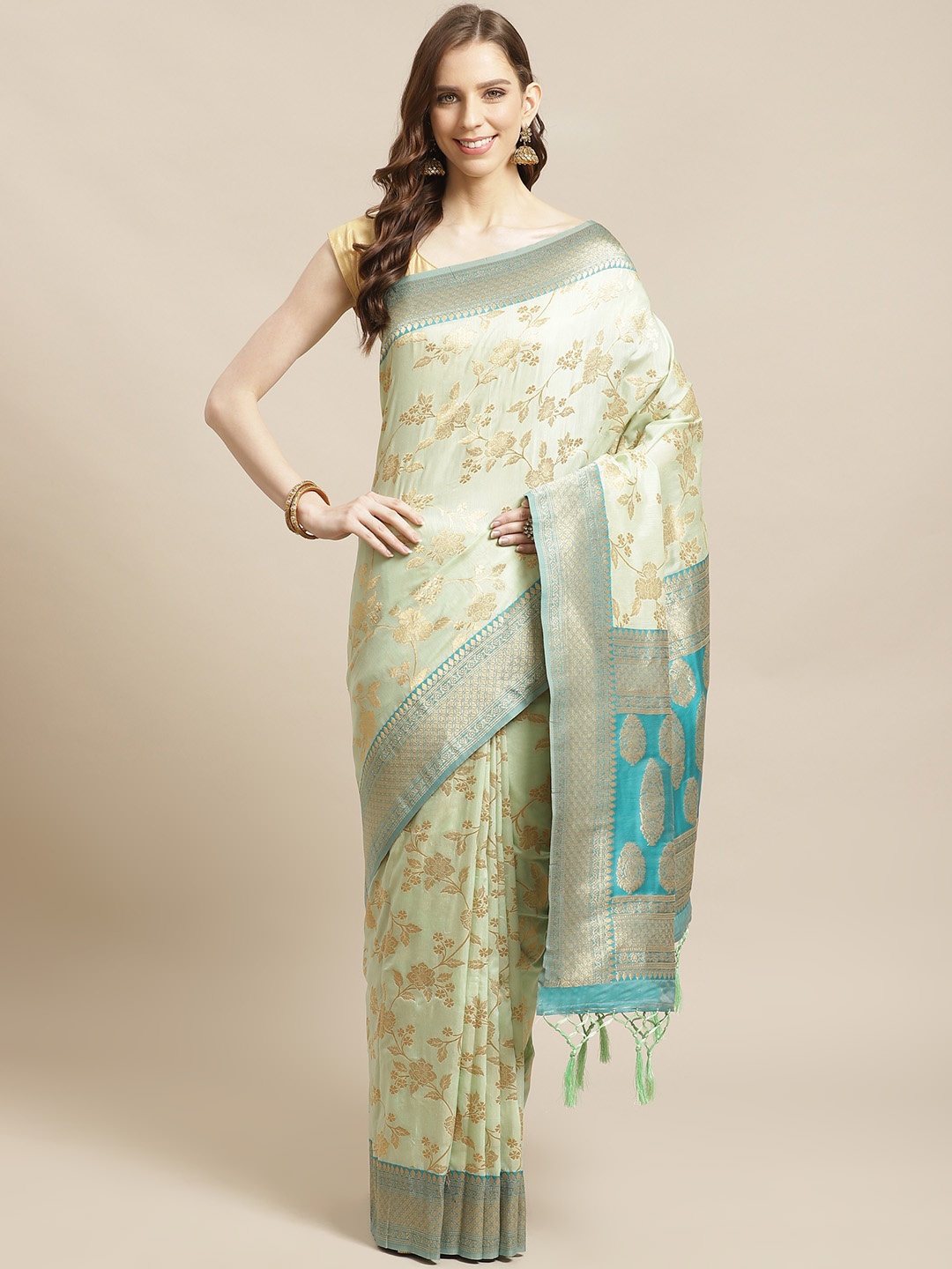 

Mitera Sea Green Golden Zari Woven Design Liva Saree