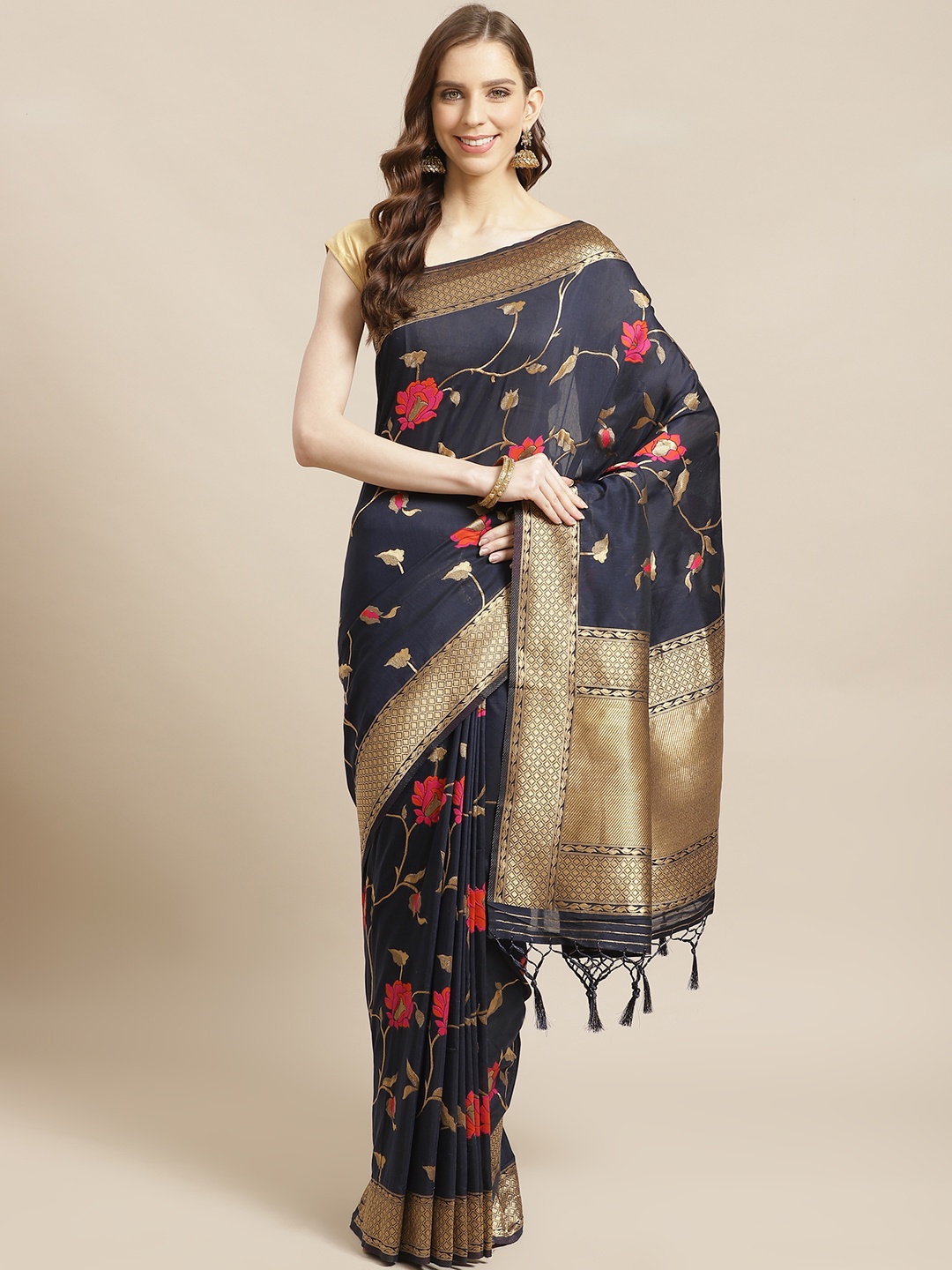 

Mitera Navy Blue Pink Zari Floral Woven Design Liva Saree