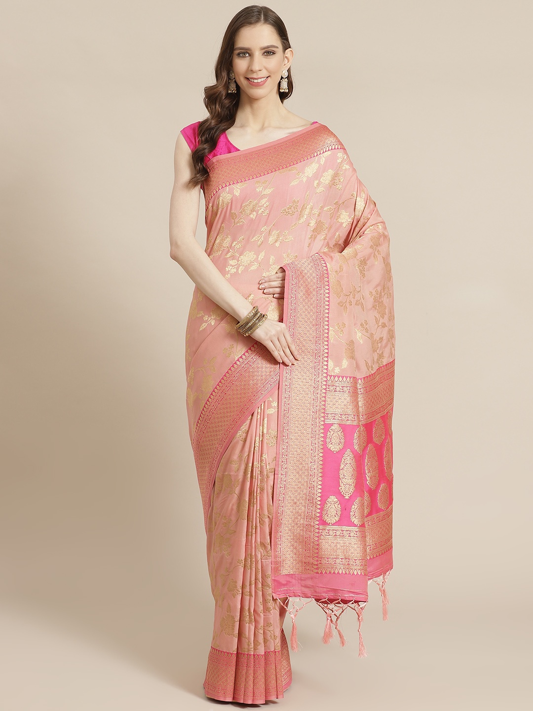 

Mitera Pink & Golden Zari Woven Design Banarasi Liva Saree