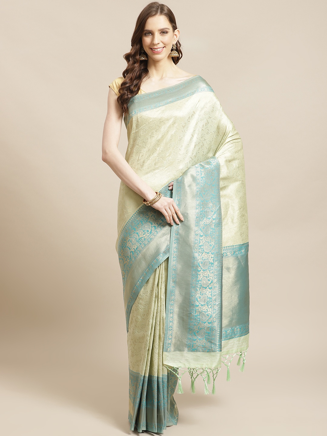 

Mitera Green Golden Zari Woven Design Liva Saree