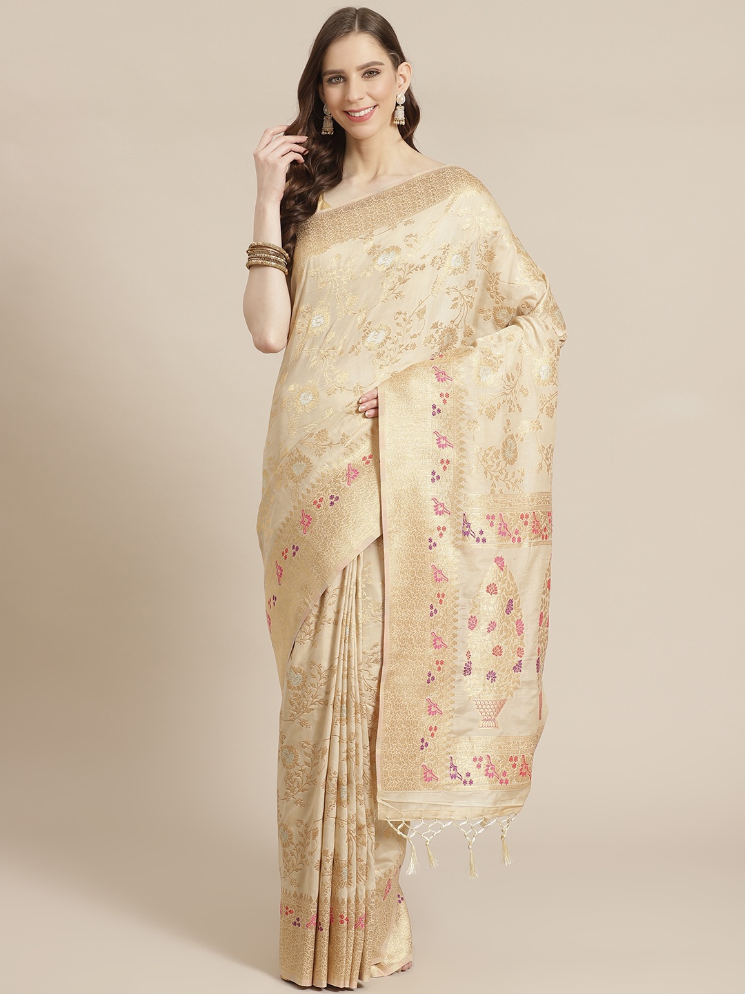 

Mitera Cream-Coloured Golden Zari Woven Design Banarasi Liva Saree
