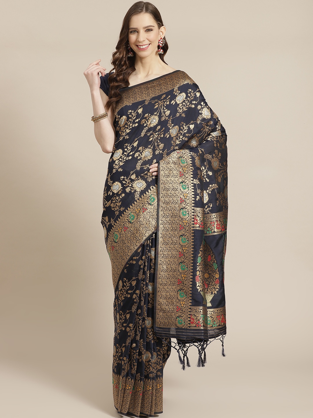 

Mitera Navy Blue Golden Zari Woven Design Liva Saree