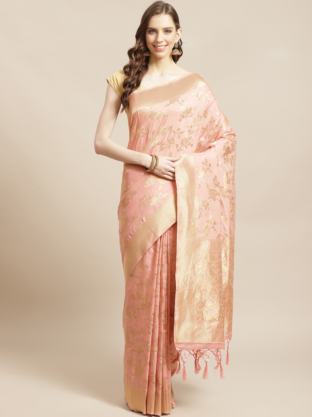 

Mitera Pink Golden Zari Floral Woven Design Liva Saree