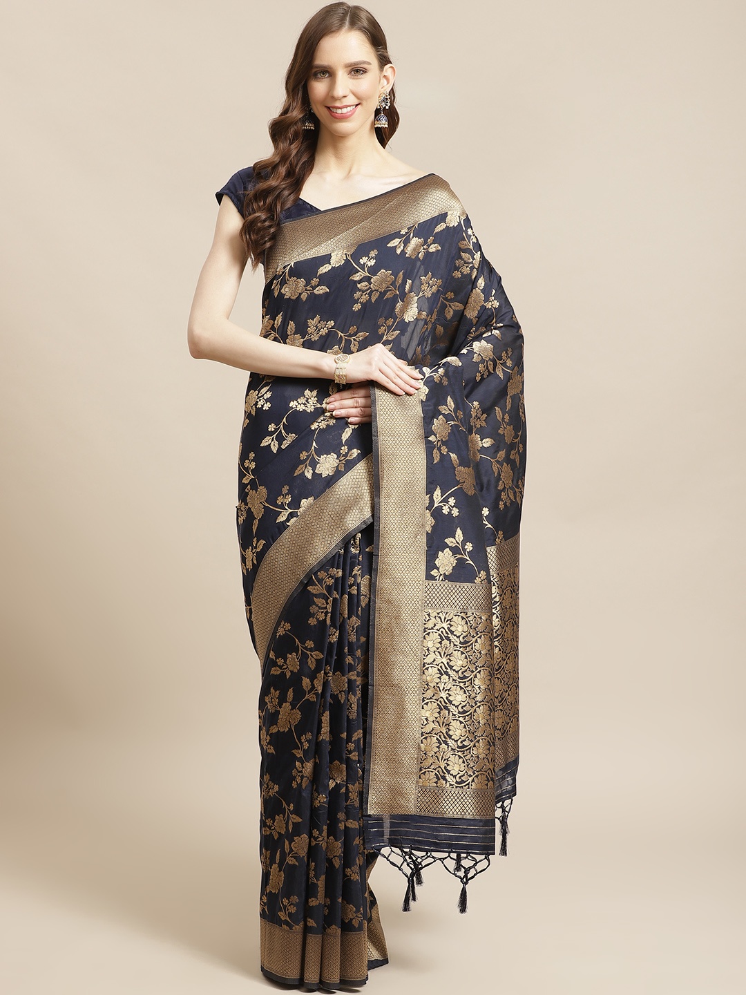 

Mitera Navy Blue Golden Zari Woven Design Liva Saree