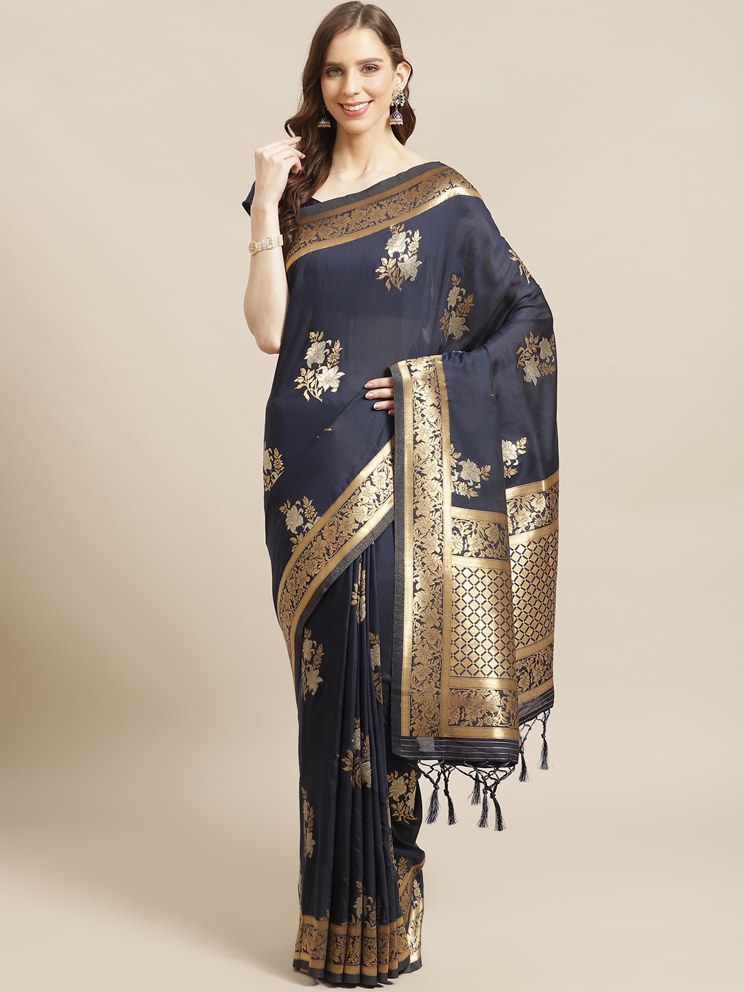 

Mitera Navy Blue Golden Zari Woven Design Liva Saree