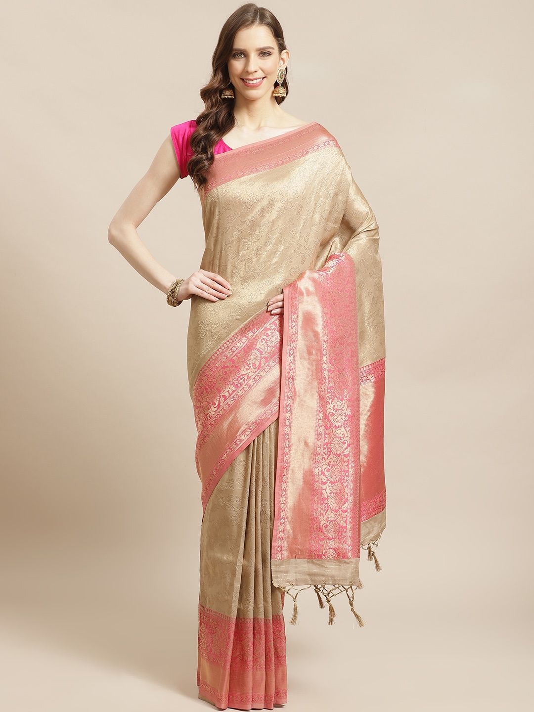 

Mitera Beige Pink Zari Woven Design Liva Saree