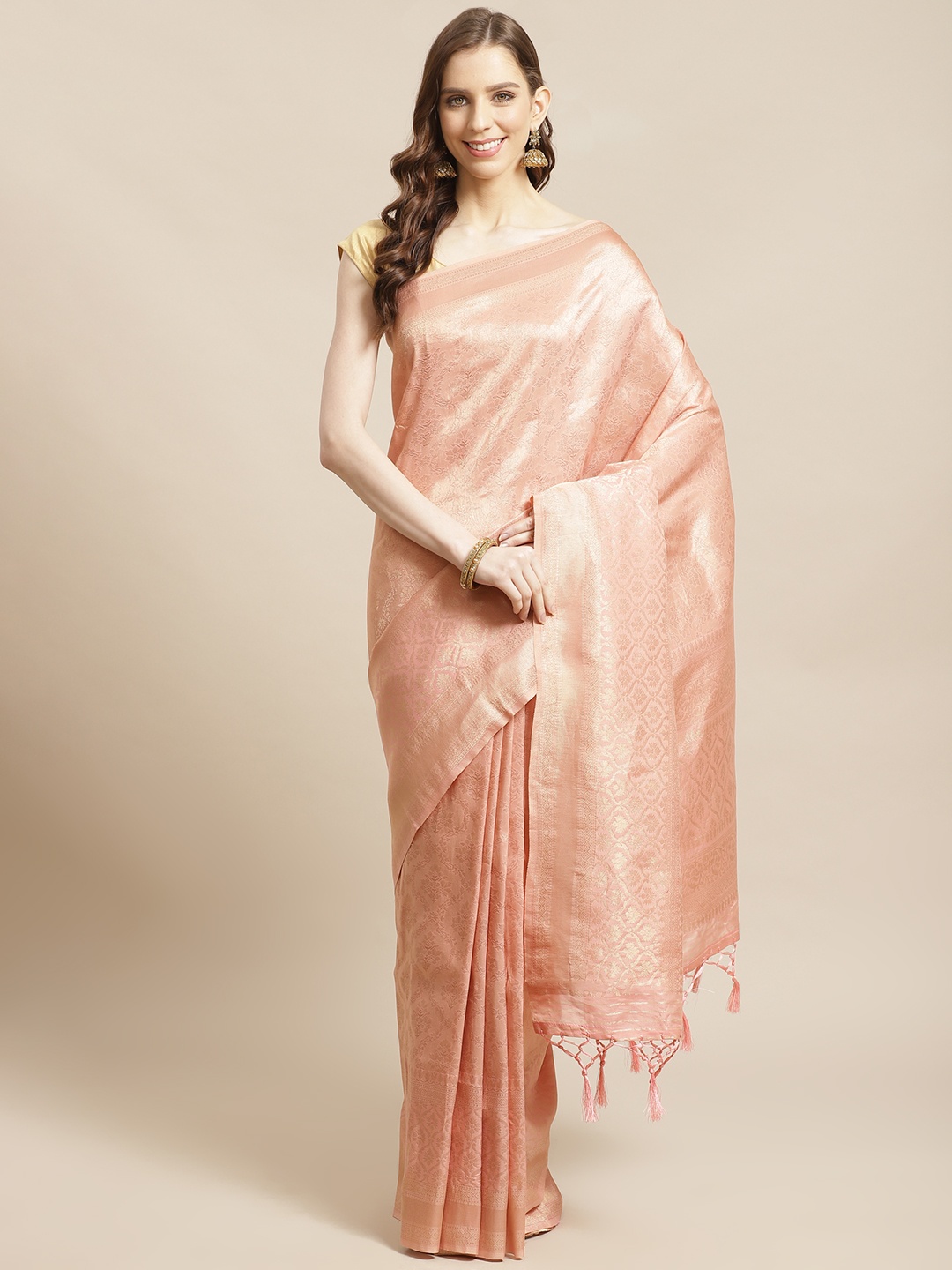 

Mitera Peach-Coloured Golden Woven Design Liva Saree