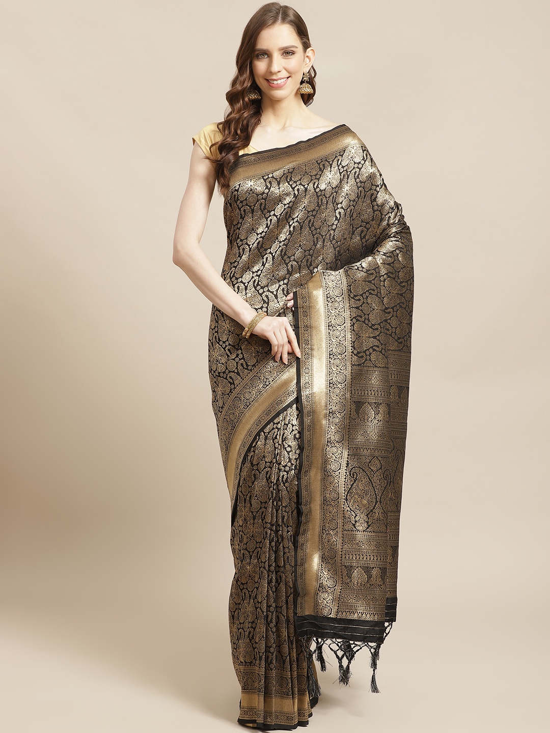 

Mitera Black Golden Zari Paisley Woven Design Liva Saree