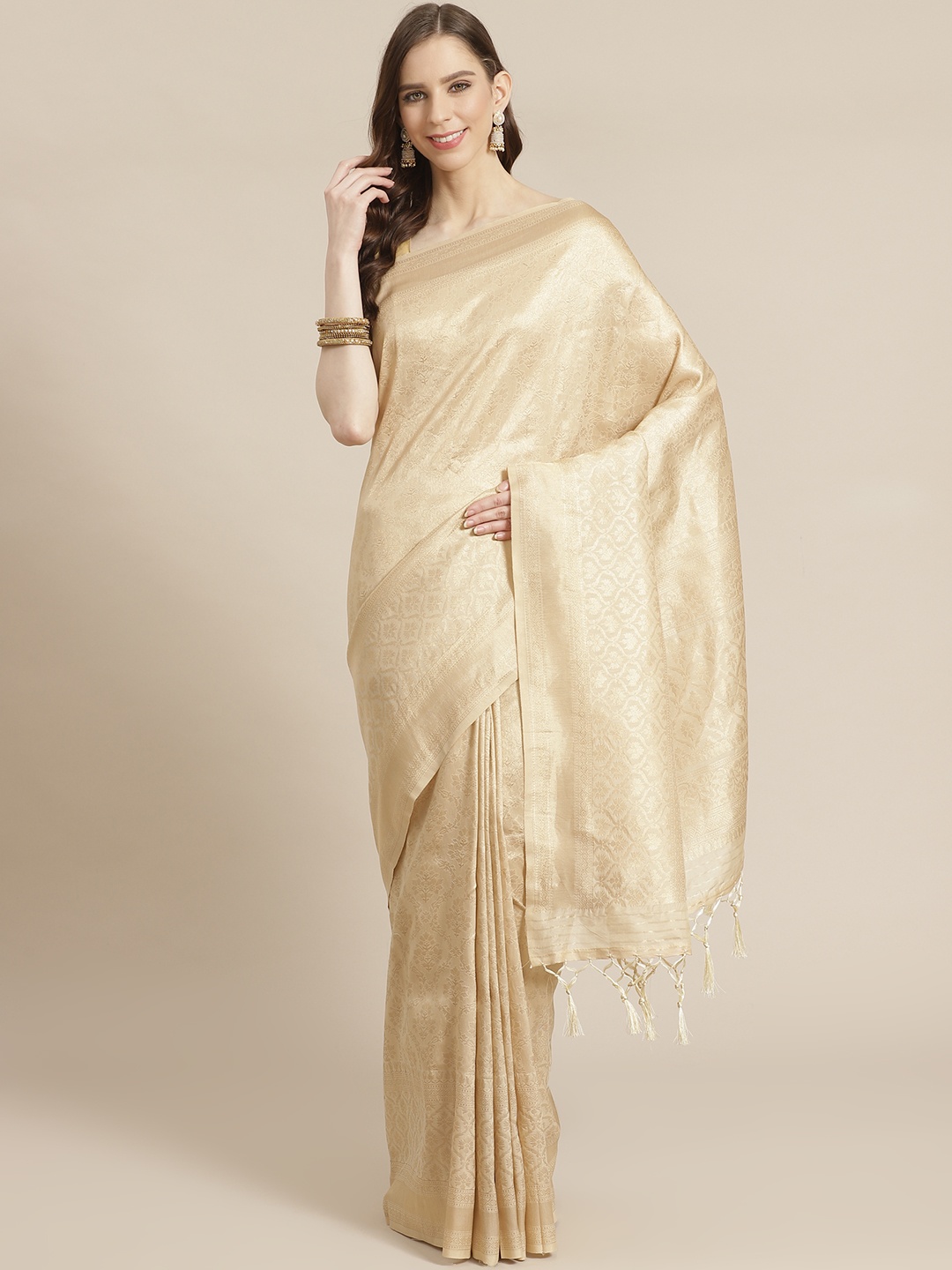 

Mitera Cream-Coloured Golden Woven Design Banarasi Liva Saree