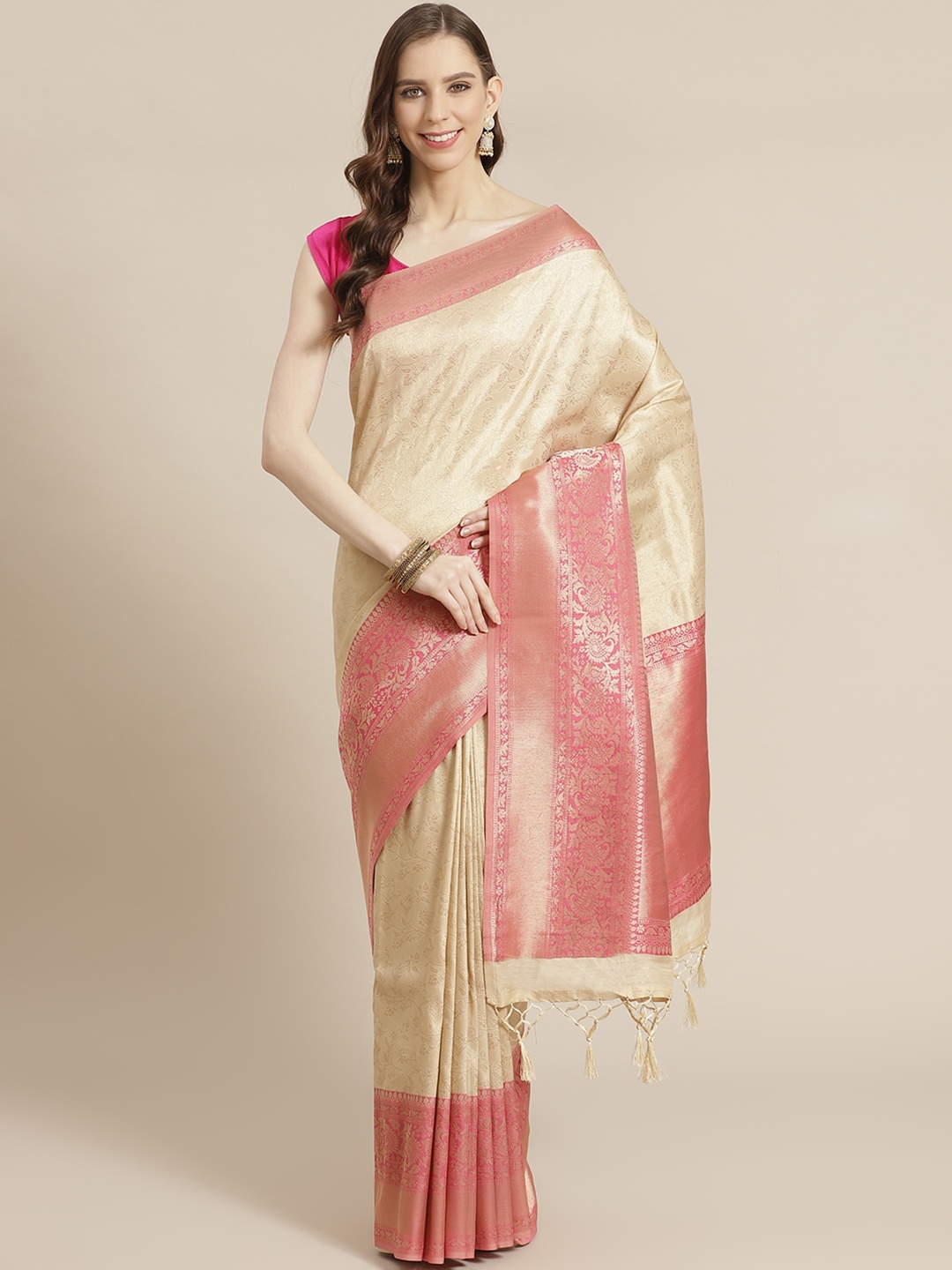 

Mitera Cream-Coloured Golden Woven Design Banarasi Liva Saree