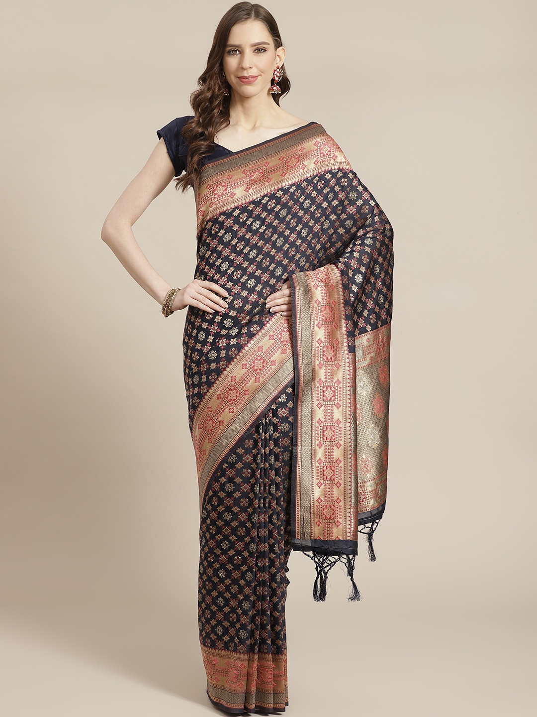 

Mitera Navy Blue Golden Zari Woven Design Liva Saree