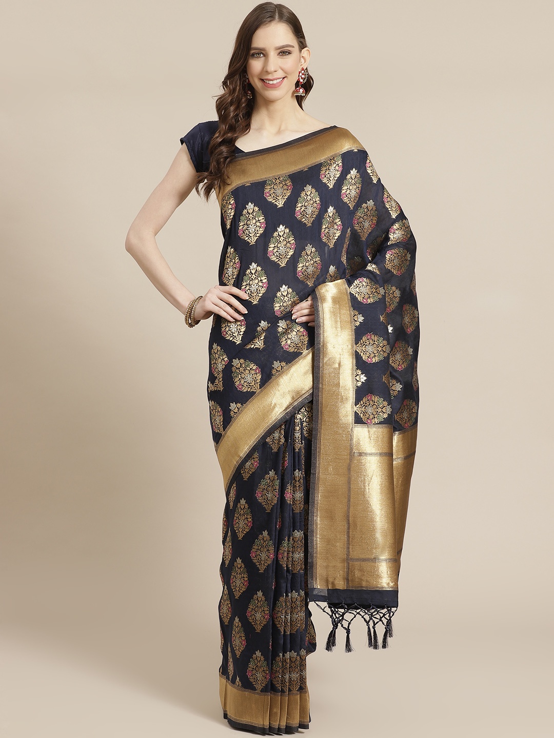 

Mitera Navy Blue Golden Zari Woven Design Liva Saree