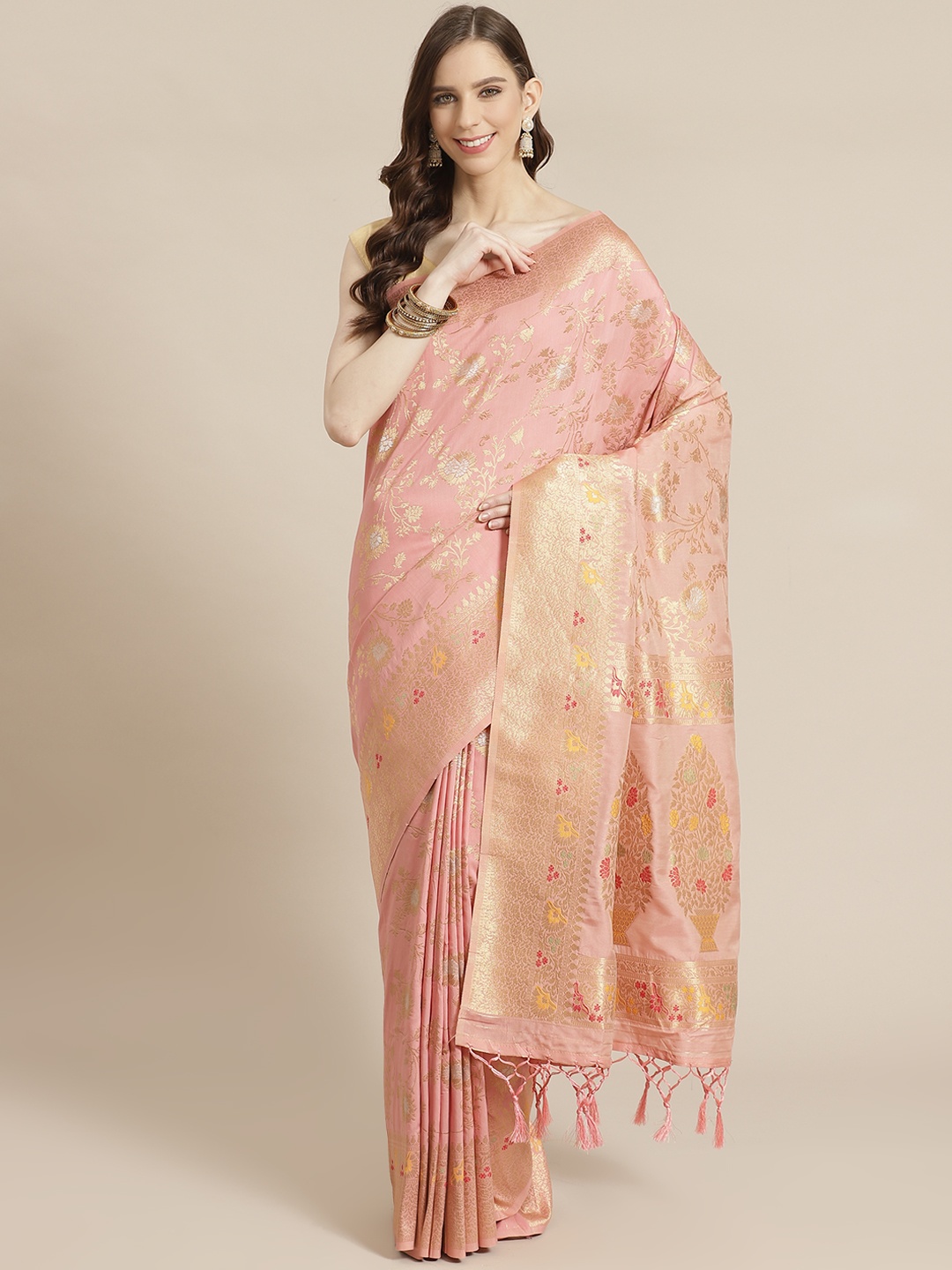 

Mitera Pink Golden Woven Design Liva Saree