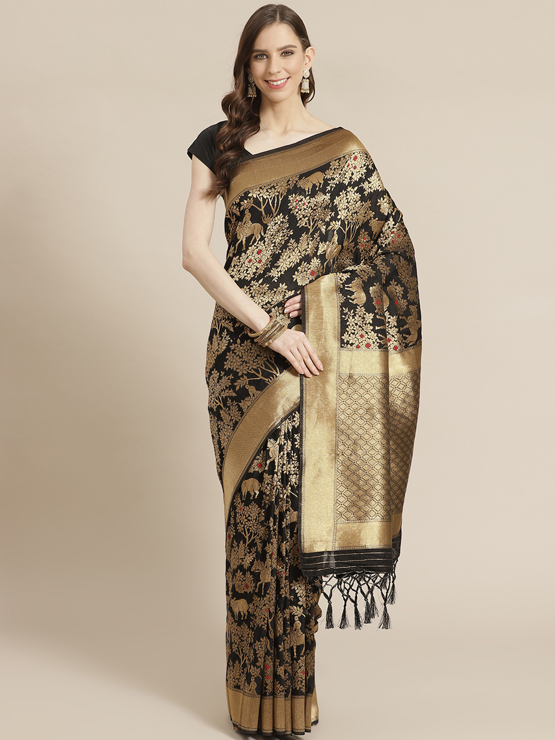 

Mitera Black Golden Woven Design Liva Saree