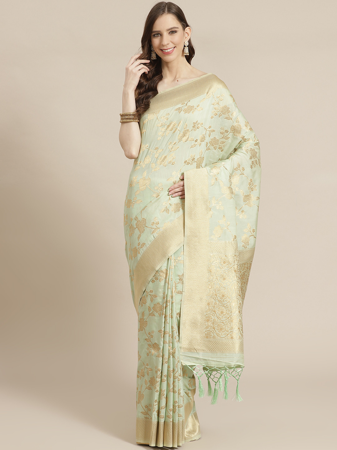 

Mitera Green Golden Woven Design Liva Saree