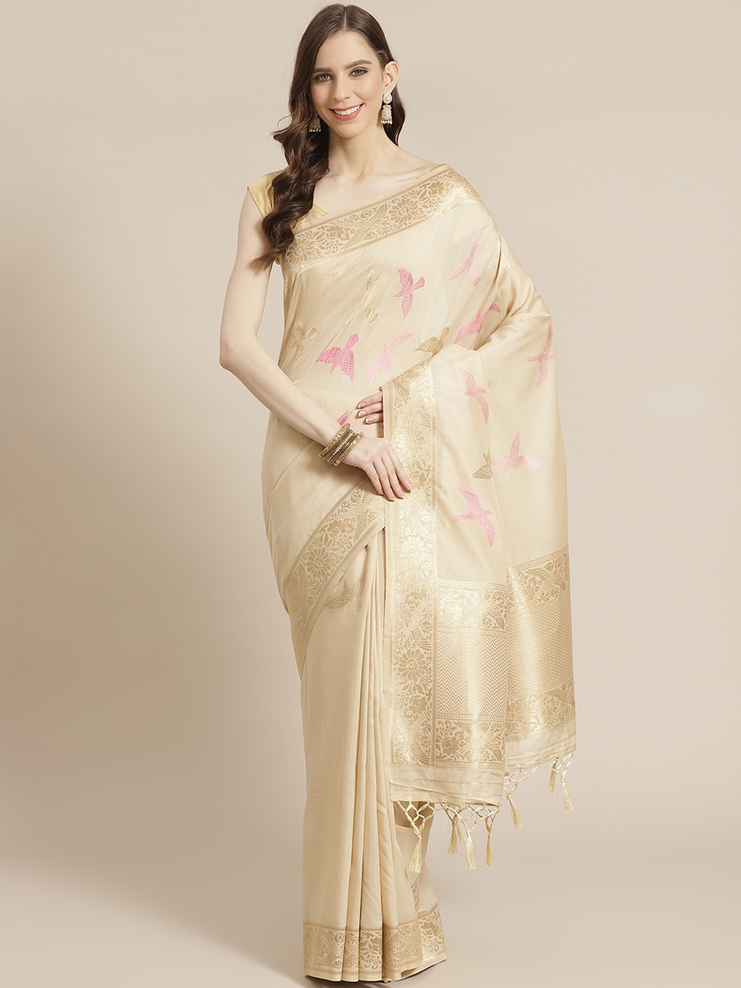 

Mitera Beige Golden Silk Blend Ethnic Motifs Zari Woven Design Celebrity Liva Saree