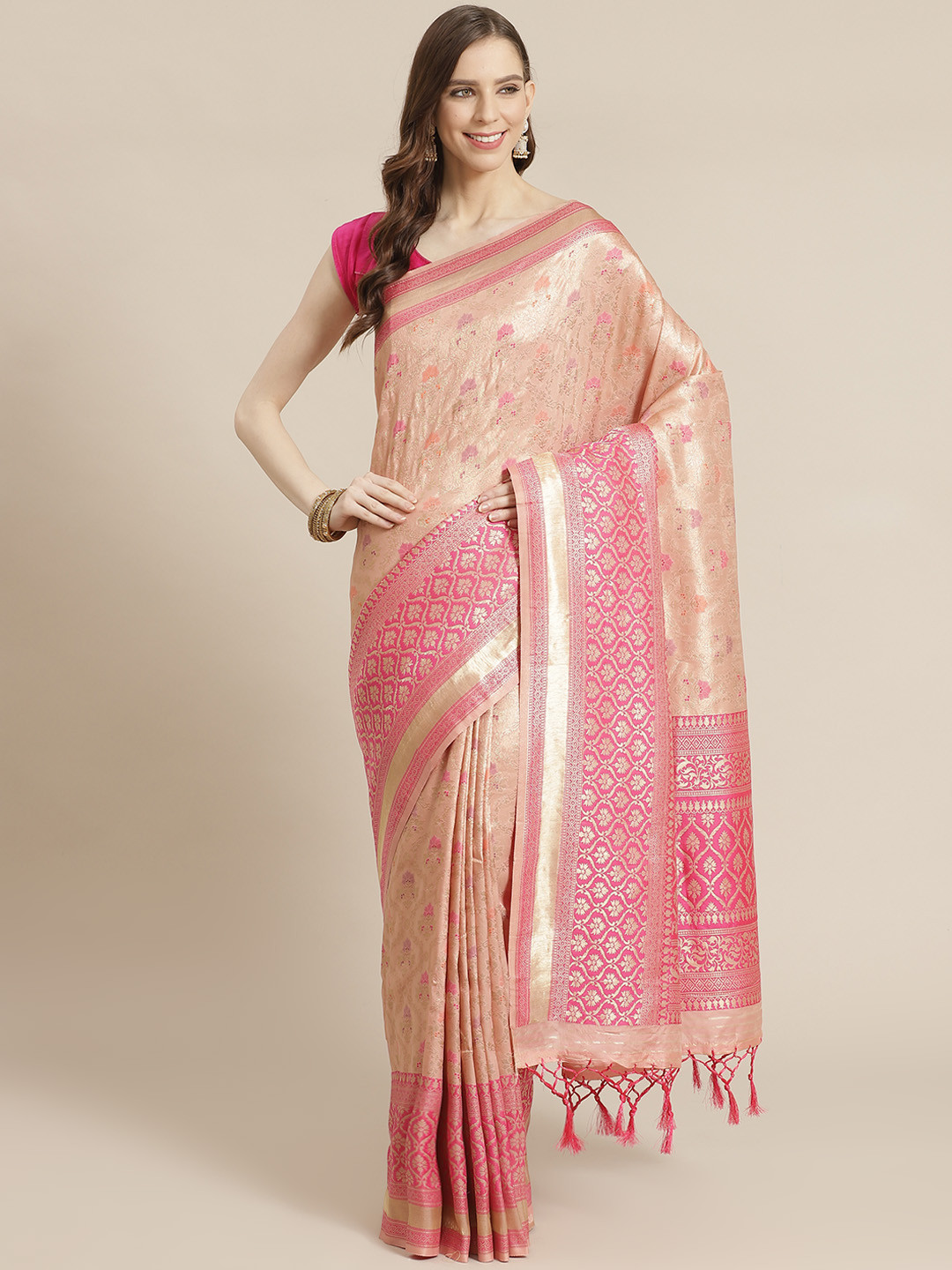 

Mitera Peach-Coloured Pink Woven Design Liva Saree