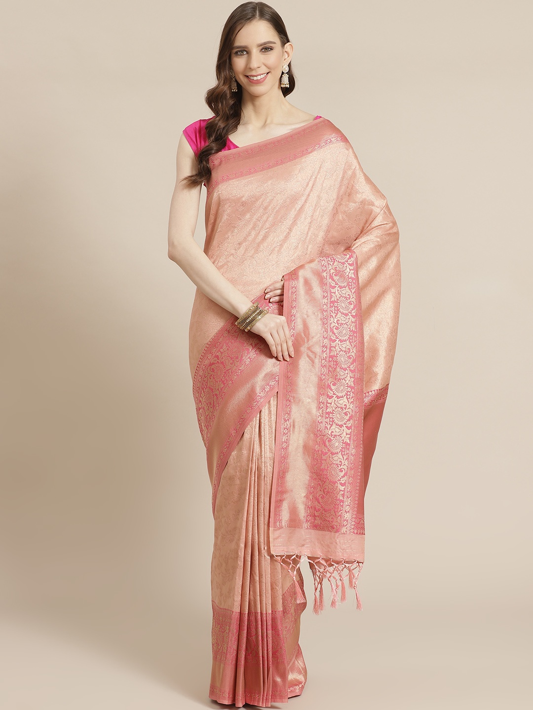 

Mitera Peach-Coloured Golden Woven Design Liva Saree