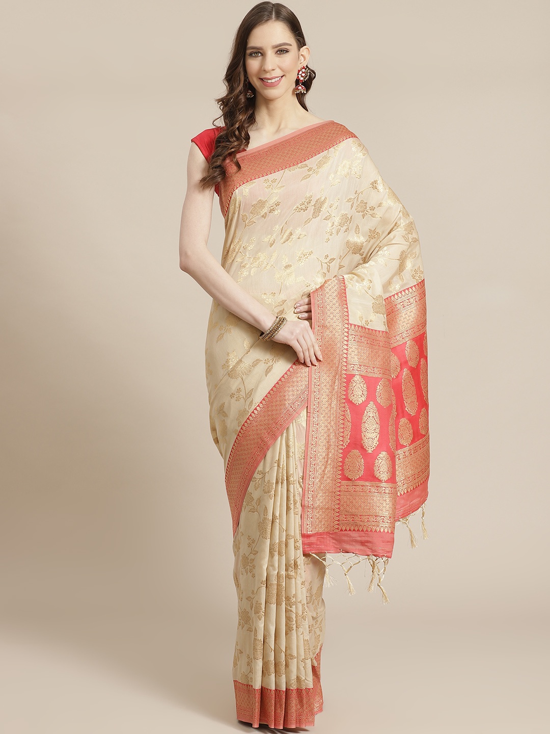

Mitera Beige Golden Silk Blend Ethnic Motifs Zari Woven Design Celebrity Liva Saree